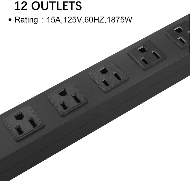 Alt view image 5 of 7 - Long Power Strip Surge Protector, 12 Ports, Black, 15FT Heavy Duty, Extension Cord Multiple Outlets, Wide Spaced, Metal, Large, Wall Mount Plug Extender, Under Desk, Garage