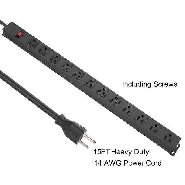 Alt view image 4 of 7 - Long Power Strip Surge Protector, 12 Ports, Black, 15FT Heavy Duty, Extension Cord Multiple Outlets, Wide Spaced, Metal, Large, Wall Mount Plug Extender, Under Desk, Garage