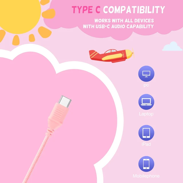 Alt view image 2 of 7 - USB Type C Kids Headphones for School, Wired Toddler Headphones, 94dB Volume Limited, HD Stereo Sound, Foldable Lightweight On-Ear Wired Headphones for Kids/Children/Teens/Boys (Light Pink)
