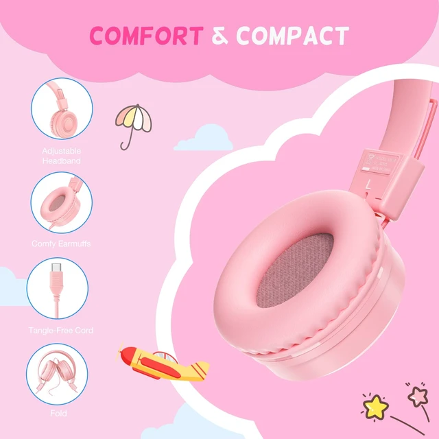 Alt view image 3 of 7 - USB Type C Kids Headphones for School, Wired Toddler Headphones, 94dB Volume Limited, HD Stereo Sound, Foldable Lightweight On-Ear Wired Headphones for Kids/Children/Teens/Boys (Light Pink)
