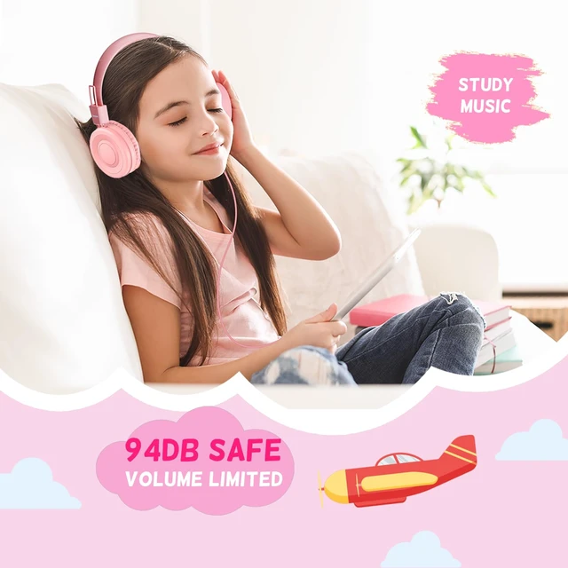 Alt view image 6 of 7 - USB Type C Kids Headphones for School, Wired Toddler Headphones, 94dB Volume Limited, HD Stereo Sound, Foldable Lightweight On-Ear Wired Headphones for Kids/Children/Teens/Boys (Light Pink)