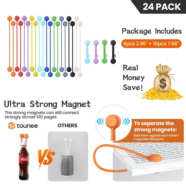 Alt view image 5 of 7 - Reusable Silicone Magnetic Cable Ties - 2 Sizes Combo (4pcs 2.56'' + 20pcs 7.16'') - Multi-Purpose for Cable Bundling, Organizing, Bookmarks & Fridge Magnets - Assorted Colors, Pack of 24