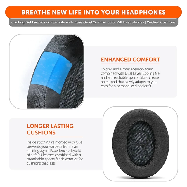 Alt view image 4 of 7 - Freeze QC35 - Cooling Gel Ear Pads for Bose QuietComfort 35 & 35ii Made by Wicked Cushions Breathable Sports Fabric, Extra Thick & Cooler for Longer Black