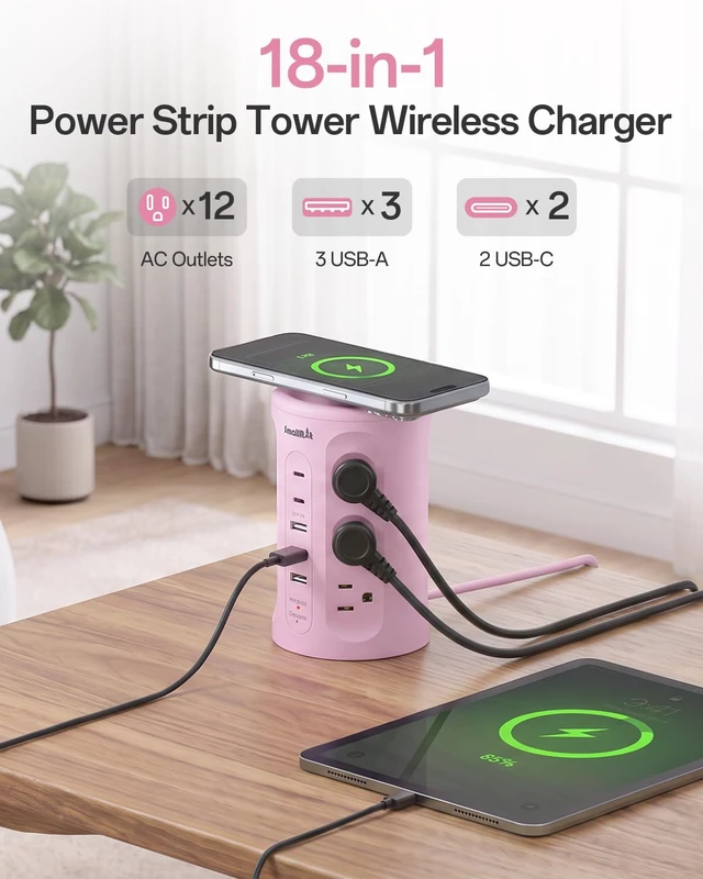 Alt view image 2 of 7 - Power Strip with USB Ports,Extension Cord with Multiple Outlets (12AC+3A+2C), 6.5 FT Desk Pink Power Strip Tower Charging Station for Home, Office, College Dorm Essentials