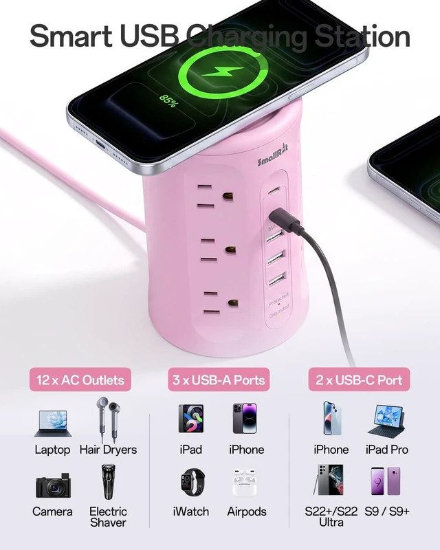 Alt view image 6 of 7 - Power Strip with USB Ports,Extension Cord with Multiple Outlets (12AC+3A+2C), 6.5 FT Desk Pink Power Strip Tower Charging Station for Home, Office, College Dorm Essentials