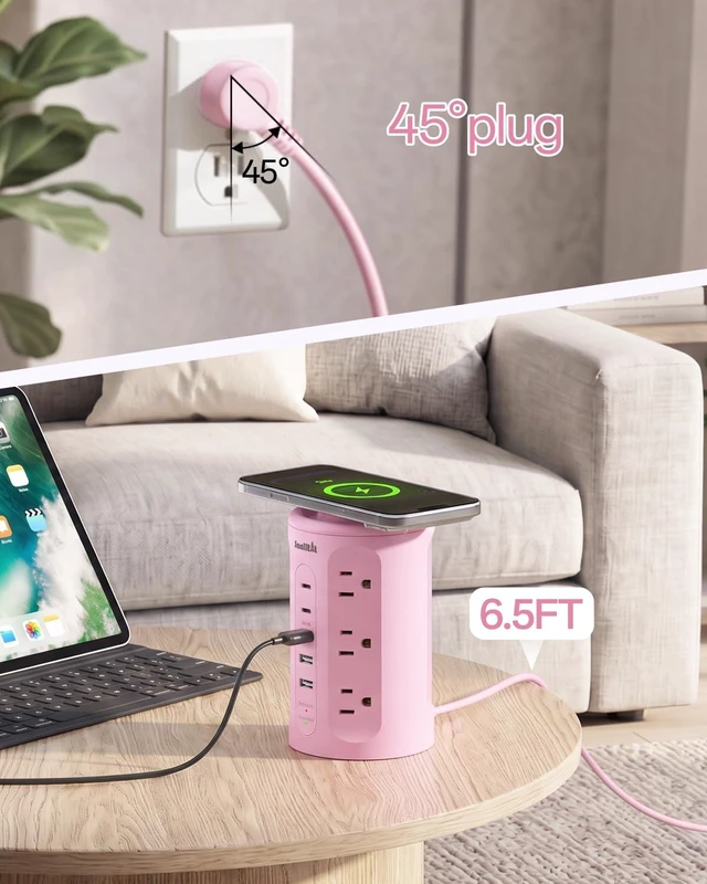 Alt view image 5 of 7 - Power Strip with USB Ports,Extension Cord with Multiple Outlets (12AC+3A+2C), 6.5 FT Desk Pink Power Strip Tower Charging Station for Home, Office, College Dorm Essentials
