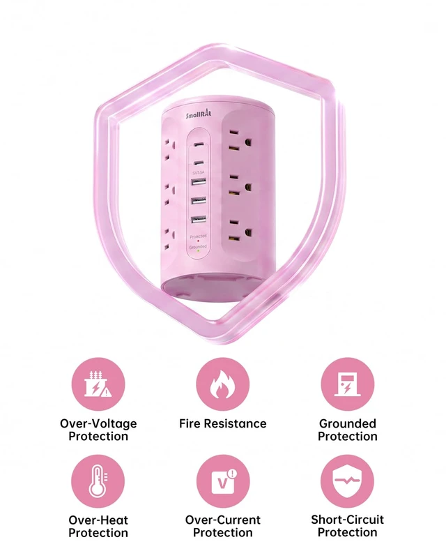 Alt view image 7 of 7 - Power Strip with USB Ports,Extension Cord with Multiple Outlets (12AC+3A+2C), 6.5 FT Desk Pink Power Strip Tower Charging Station for Home, Office, College Dorm Essentials