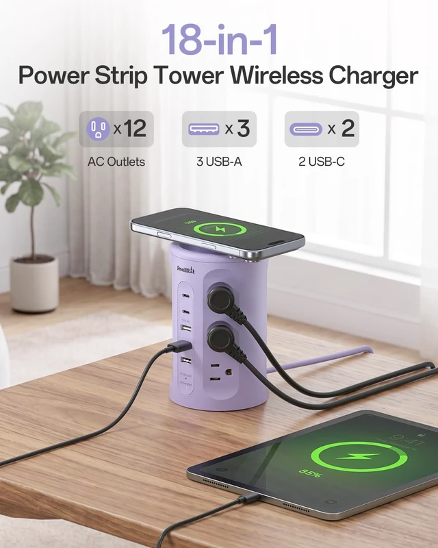 Alt view image 2 of 7 - Power Strip with USB Ports,Extension Cord with Multiple Outlets (12AC+3A+2C), 6.5 FT Desk Purple Power Strip Tower Charging Station for Home, Office, College Dorm Essentials
