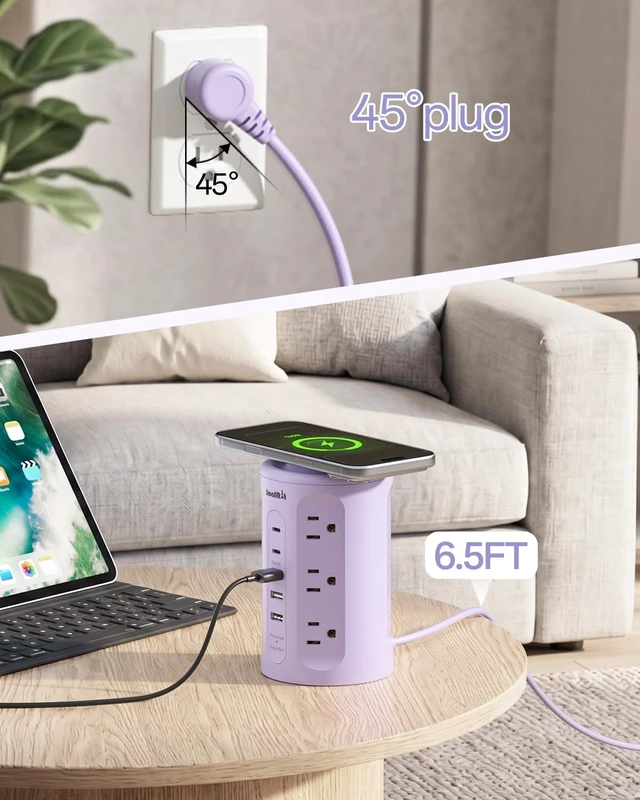 Alt view image 5 of 7 - Power Strip with USB Ports,Extension Cord with Multiple Outlets (12AC+3A+2C), 6.5 FT Desk Purple Power Strip Tower Charging Station for Home, Office, College Dorm Essentials