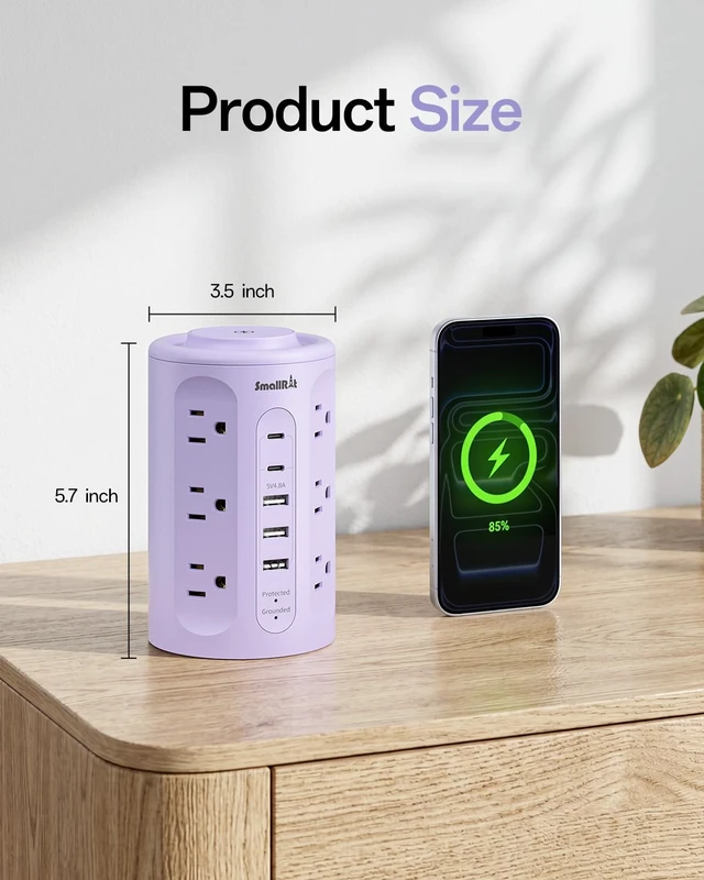 Alt view image 7 of 7 - Power Strip with USB Ports,Extension Cord with Multiple Outlets (12AC+3A+2C), 6.5 FT Desk Purple Power Strip Tower Charging Station for Home, Office, College Dorm Essentials