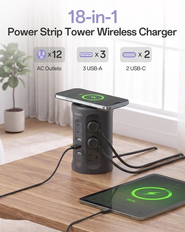 Alt view image 2 of 7 - Power Strip with USB Ports,Extension Cord with Multiple Outlets (12AC+3A+2C), 6.5 FT Desk Black Power Strip Tower Charging Station for Home, Office, College Dorm Essentials