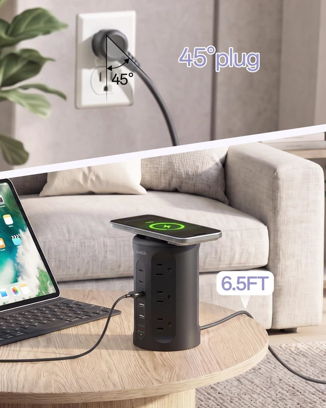 Alt view image 5 of 7 - Power Strip with USB Ports,Extension Cord with Multiple Outlets (12AC+3A+2C), 6.5 FT Desk Black Power Strip Tower Charging Station for Home, Office, College Dorm Essentials
