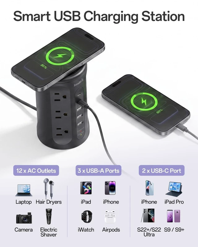 Alt view image 6 of 7 - Power Strip with USB Ports,Extension Cord with Multiple Outlets (12AC+3A+2C), 6.5 FT Desk Black Power Strip Tower Charging Station for Home, Office, College Dorm Essentials