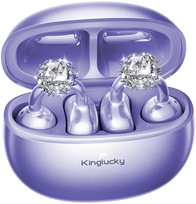 Main image of Jewelry-Inspired Clip-On Earbuds with Diamond Earrings, Comfortable Fit & 40H Playtime Open Ear Bluetooth 5.4 Wireless Headphones for Women, Small Ears, Sports & Workouts (Purple)