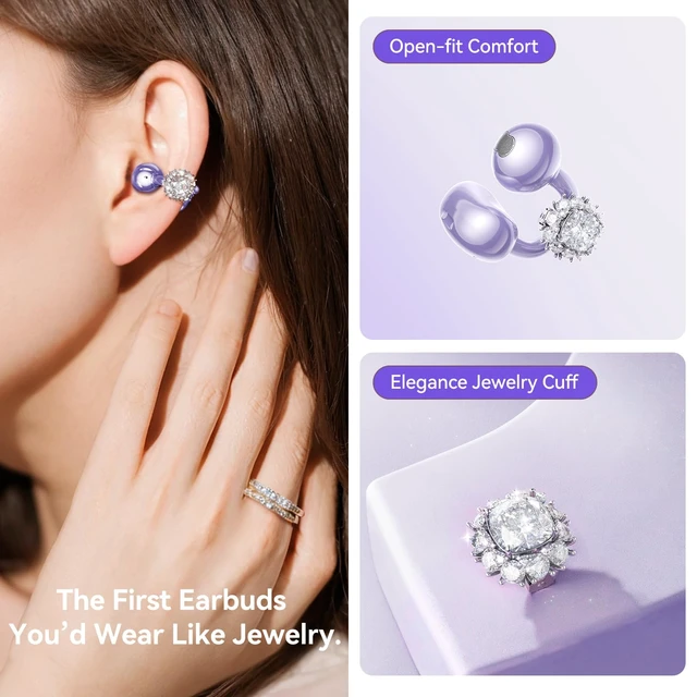 Alt view image 2 of 7 - Jewelry-Inspired Clip-On Earbuds with Diamond Earrings, Comfortable Fit & 40H Playtime Open Ear Bluetooth 5.4 Wireless Headphones for Women, Small Ears, Sports & Workouts (Purple)