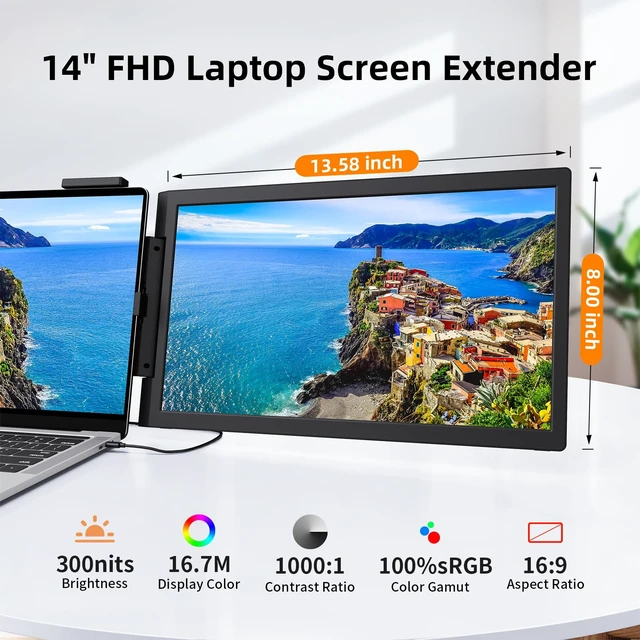 Alt view image 3 of 7 - One Cable Plug & Play Laptop Screen Extender, Portable Monitor - 14" USB C Second Display, Works with MAC/Wins/Chrome Laptop Phone for Travel Home Office (No Speakers)