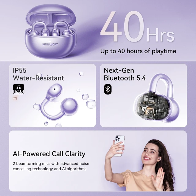 Alt view image 5 of 7 - Jewelry-Inspired Clip-On Earbuds with Diamond Earrings, Comfortable Fit & 40H Playtime Open Ear Bluetooth 5.4 Wireless Headphones for Women, Small Ears, Sports & Workouts (Purple)