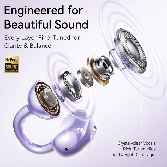 Alt view image 4 of 7 - Jewelry-Inspired Clip-On Earbuds with Diamond Earrings, Comfortable Fit & 40H Playtime Open Ear Bluetooth 5.4 Wireless Headphones for Women, Small Ears, Sports & Workouts (Purple)