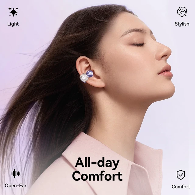 Alt view image 3 of 7 - Jewelry-Inspired Clip-On Earbuds with Diamond Earrings, Comfortable Fit & 40H Playtime Open Ear Bluetooth 5.4 Wireless Headphones for Women, Small Ears, Sports & Workouts (Purple)