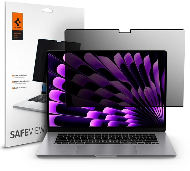 Main image of SafeView Screen Protector for MacBook Air 15" M2-M5 (2022-2026) Privacy filter blocks side-angle views, anti-glare, easy install, magnetic attachment, precise cutouts and webcam clearance