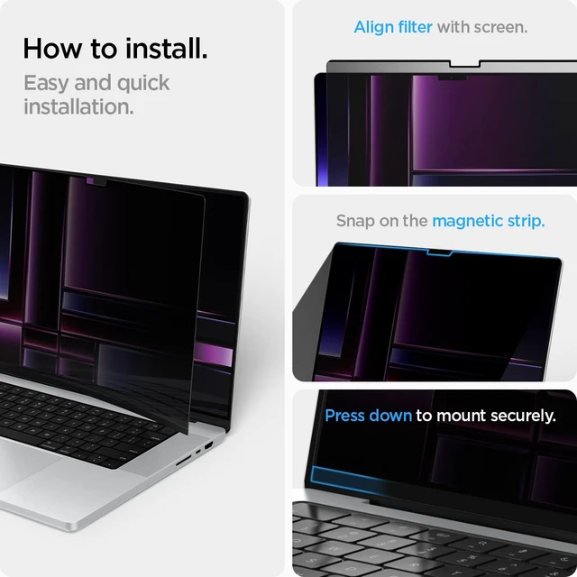 Alt view image 4 of 7 - SafeView Screen Protector for MacBook Pro 16" M1 Pro/Max-M5 Pro/Max Privacy filter blocks side-angle views, anti-glare, easy install, magnetic attachment, precise cutouts and webcam clearance