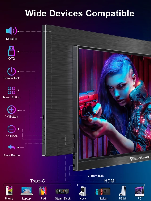 Alt view image 5 of 7 - 17.3" Portable Monitor, 144Hz Portable Gaming Monitor, Screen Extender Second Display for Console with Built-in Speakers, Works with PS5, Xbox, Switch, Ideal for Travel, Home Office