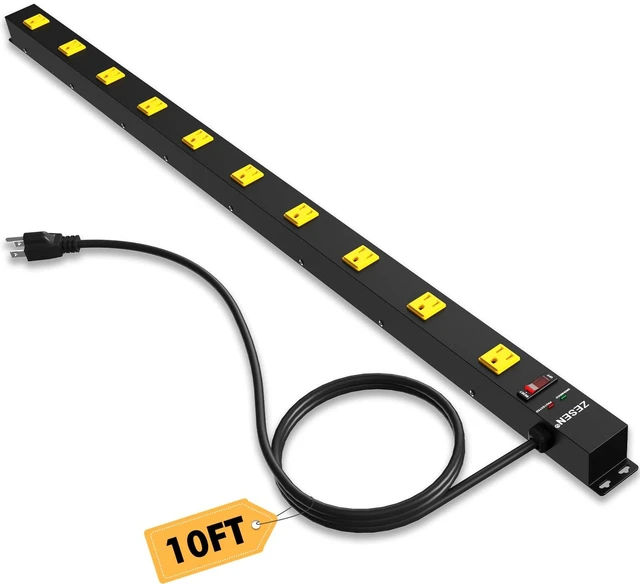 Main image of 10 Outlet Long Power Strip Wide Spaced Metal Power Strip with 10FT Cord Heavy Duty Industrial Power Strip for Work Bench Garage Shop, Overload 2100J Protection Switch, ETL Listed (15A/1875W) Black