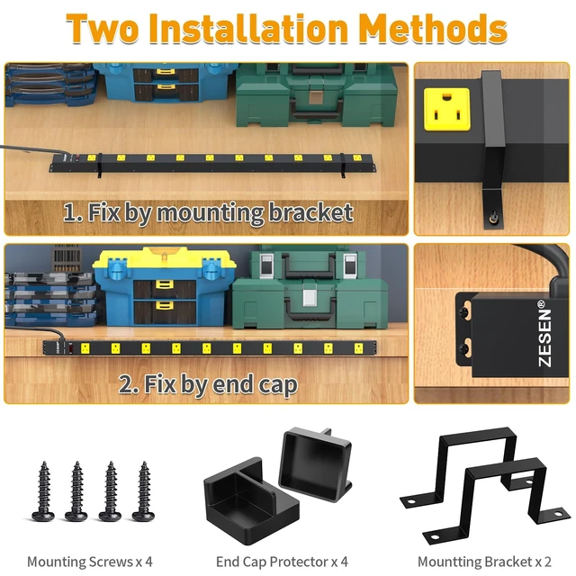 Alt view image 4 of 7 - 10 Outlet Long Power Strip Wide Spaced Metal Power Strip with 10FT Cord Heavy Duty Industrial Power Strip for Work Bench Garage Shop, Overload 2100J Protection Switch, ETL Listed (15A/1875W) Black