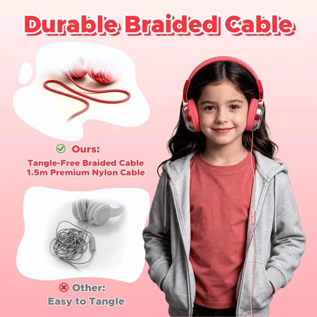 Alt view image 7 of 7 - Kids Headphones with Cord with Mic, 85/94dB Safe Volume Limit HD mic, over-ear foldable, 3.5mm for iPad, tablet, computer, Kids Wired Headphones for school, travel, boys girls Bolt Series