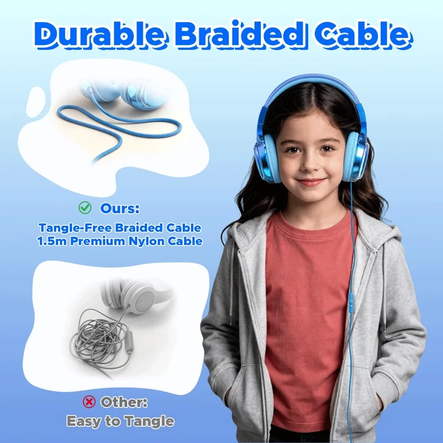 Alt view image 7 of 7 - Kids Headphones with Cord with Mic, 85/94dB Safe Volume Limit HD mic, over-ear foldable, 3.5mm for iPad, tablet, computer, Kids Wired Headphones for school, travel, boys girls Bolt Series
