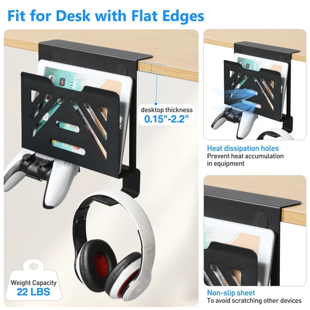 Alt view image 2 of 6 - Desk Side Storage, Under Desk Laptop Mount, Table Side Hanging File Organizer, No Drill Clamp On Cable Management Tray, Laptop Holder with 2 Hooks for Office and Home, Load 22 Lbs