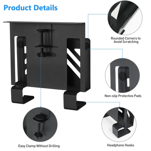 Alt view image 3 of 6 - Desk Side Storage, Under Desk Laptop Mount, Table Side Hanging File Organizer, No Drill Clamp On Cable Management Tray, Laptop Holder with 2 Hooks for Office and Home, Load 22 Lbs