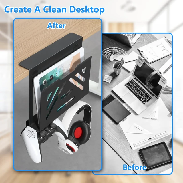 Alt view image 5 of 6 - Desk Side Storage, Under Desk Laptop Mount, Table Side Hanging File Organizer, No Drill Clamp On Cable Management Tray, Laptop Holder with 2 Hooks for Office and Home, Load 22 Lbs