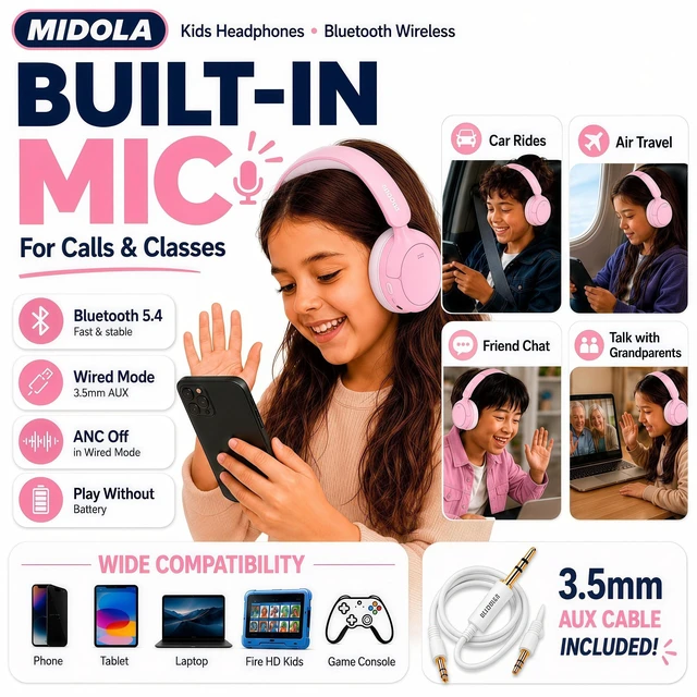 Alt view image 5 of 7 - Kids Bluetooth Headphones Wireless Over-Ear,Active Noise Cancelling,Pink 68Hrs,Volume Limit 85/94dB,Built-in Mic,Adjustable Headband Foldable Lightweight for Toddler School Girls Boys,Stereo Sound