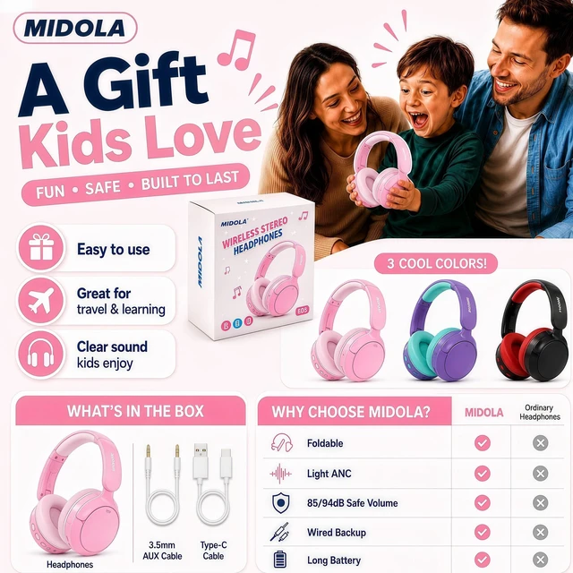 Alt view image 4 of 7 - Kids Bluetooth Headphones Wireless Over-Ear,Active Noise Cancelling,Pink 68Hrs,Volume Limit 85/94dB,Built-in Mic,Adjustable Headband Foldable Lightweight for Toddler School Girls Boys,Stereo Sound