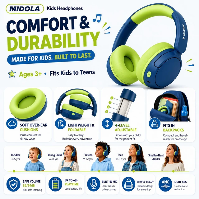 Alt view image 4 of 7 - Kids Bluetooth Headphones Wireless Over-Ear,Active Noise Cancelling,Green 68Hrs,Volume Limit 85/94dB,Built-in Mic,Adjustable Headband Foldable Lightweight for Toddler School Girls Boys,Stereo Sound
