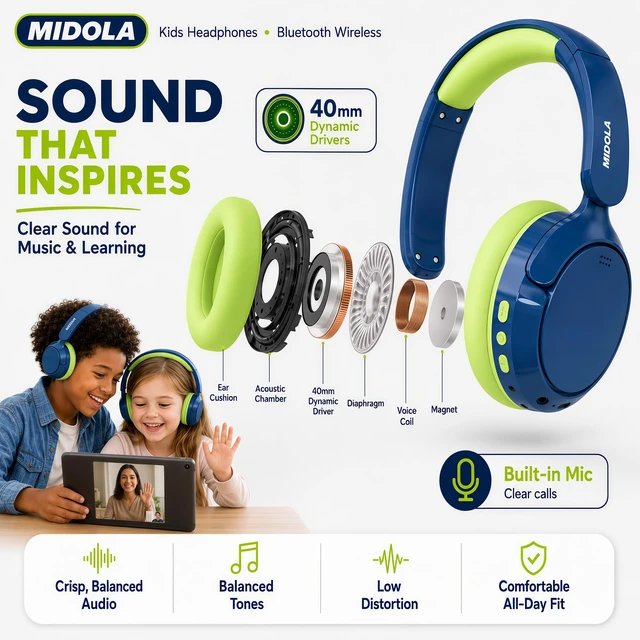 Alt view image 6 of 7 - Kids Bluetooth Headphones Wireless Over-Ear,Active Noise Cancelling,Green 68Hrs,Volume Limit 85/94dB,Built-in Mic,Adjustable Headband Foldable Lightweight for Toddler School Girls Boys,Stereo Sound