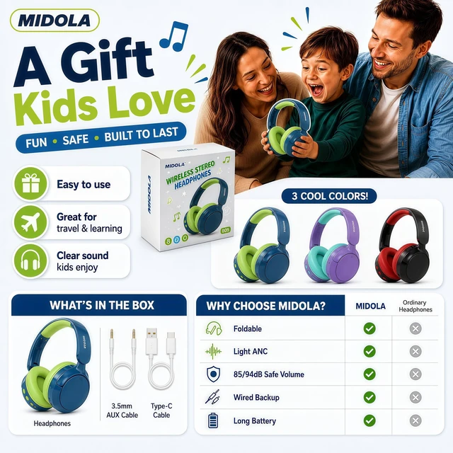 Alt view image 5 of 7 - Kids Bluetooth Headphones Wireless Over-Ear,Active Noise Cancelling,Green 68Hrs,Volume Limit 85/94dB,Built-in Mic,Adjustable Headband Foldable Lightweight for Toddler School Girls Boys,Stereo Sound