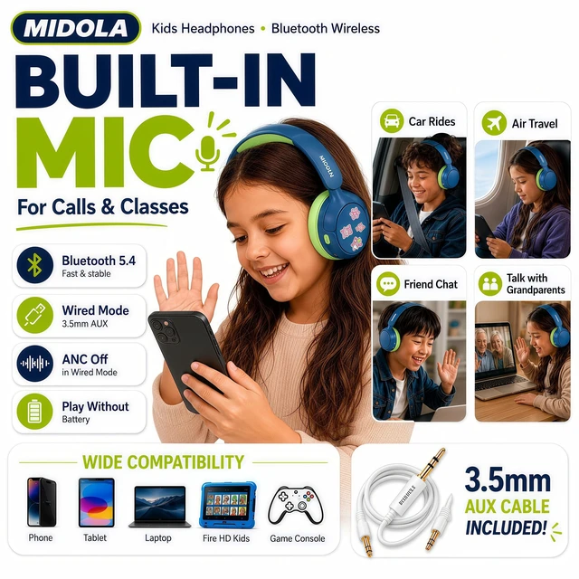 Alt view image 7 of 7 - Kids Bluetooth Headphones Wireless Over-Ear,Active Noise Cancelling,Green 68Hrs,Volume Limit 85/94dB,Built-in Mic,Adjustable Headband Foldable Lightweight for Toddler School Girls Boys,Stereo Sound