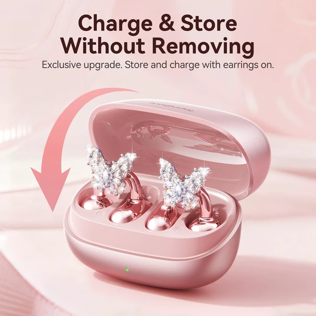 Alt view image 5 of 7 - Gen2 Clip-On Open Ear Earbuds with Sparkle Butterfly Earrings, Earrings-On Storage Case, Bluetooth 5.4 Wireless Headphones for Women, 40H Playtime, Comfortable Fit for Small Ears, Rose Gold