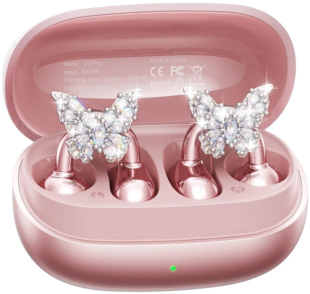 Main image of Gen2 Clip-On Open Ear Earbuds with Sparkle Butterfly Earrings, Earrings-On Storage Case, Bluetooth 5.4 Wireless Headphones for Women, 40H Playtime, Comfortable Fit for Small Ears, Rose Gold