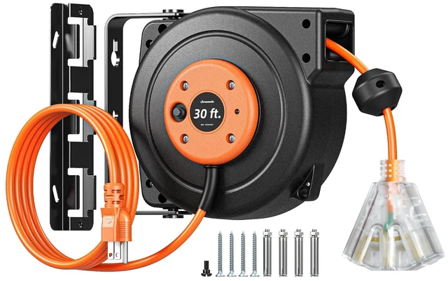 Main image of 30FT Extension Cord Reel,16/3C SJTOW Cord Reel, Orange,ETL Listed 10A Circuit Breaker, Lighted Triple Outlets, 180° Swivel Bracket, Ceiling/Wall Mount for Garage, Workshop
