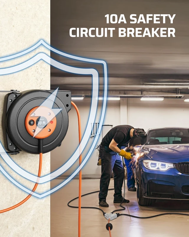 Alt view image 5 of 7 - 30FT Extension Cord Reel,16/3C SJTOW Cord Reel, Orange,ETL Listed 10A Circuit Breaker, Lighted Triple Outlets, 180° Swivel Bracket, Ceiling/Wall Mount for Garage, Workshop