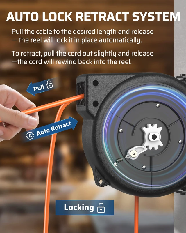 Alt view image 2 of 7 - 30FT Extension Cord Reel,16/3C SJTOW Cord Reel, Orange,ETL Listed 10A Circuit Breaker, Lighted Triple Outlets, 180° Swivel Bracket, Ceiling/Wall Mount for Garage, Workshop