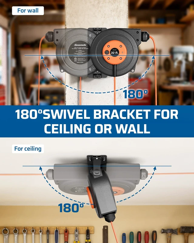 Alt view image 4 of 7 - 30FT Extension Cord Reel,16/3C SJTOW Cord Reel, Orange,ETL Listed 10A Circuit Breaker, Lighted Triple Outlets, 180° Swivel Bracket, Ceiling/Wall Mount for Garage, Workshop