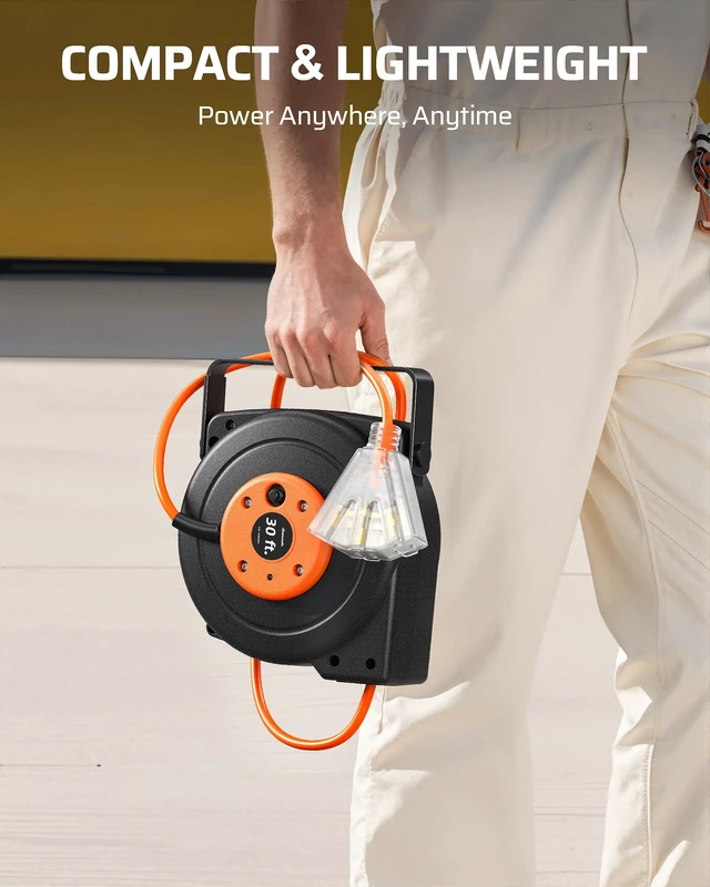 Alt view image 6 of 7 - 30FT Extension Cord Reel,16/3C SJTOW Cord Reel, Orange,ETL Listed 10A Circuit Breaker, Lighted Triple Outlets, 180° Swivel Bracket, Ceiling/Wall Mount for Garage, Workshop