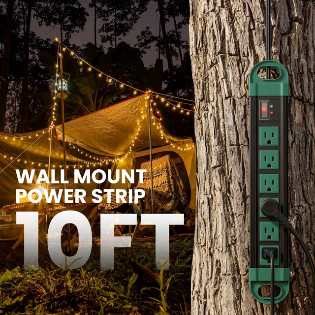 Alt view image 6 of 7 - Outdoor Power Strip Weatherproof, 2700J Surge Protector, Green 6Ft IPX6 Waterproof 6 Plug Extender Port, Exterior Long Extension Cord with Multiple Outlets for Garden, Christmas Decor