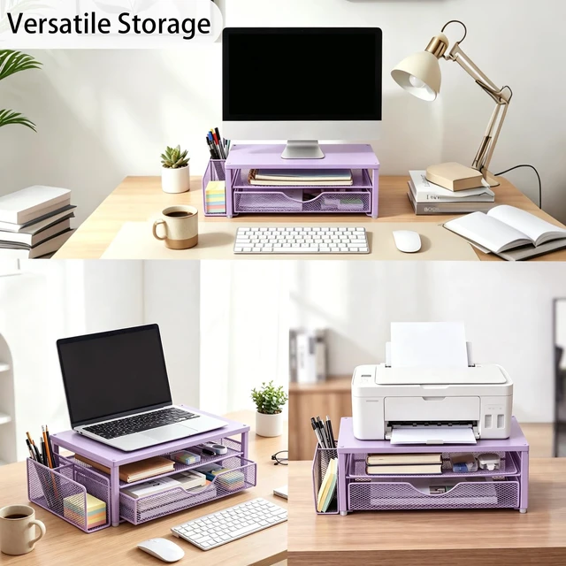 Alt view image 3 of 7 - Computer Monitor Stand with Drawer and Pen Holder, Purple Double layer storage Computer Stand Monitor Riser Office Organization for Desk