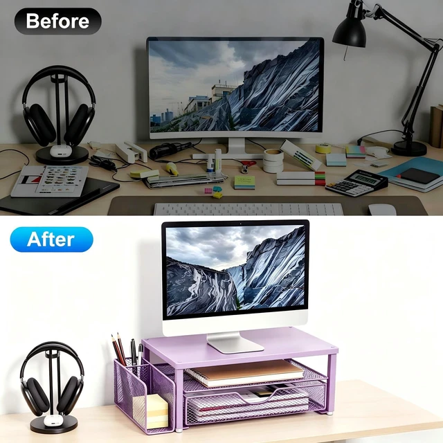 Alt view image 2 of 7 - Computer Monitor Stand with Drawer and Pen Holder, Purple Double layer storage Computer Stand Monitor Riser Office Organization for Desk