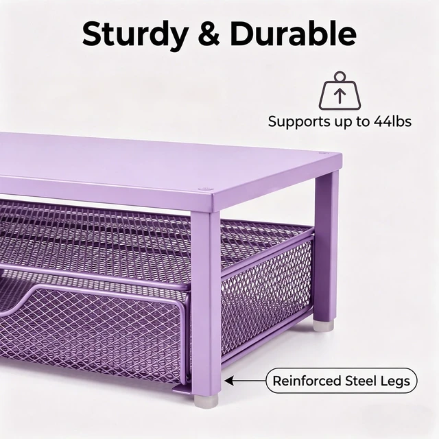 Alt view image 4 of 7 - Computer Monitor Stand with Drawer and Pen Holder, Purple Double layer storage Computer Stand Monitor Riser Office Organization for Desk
